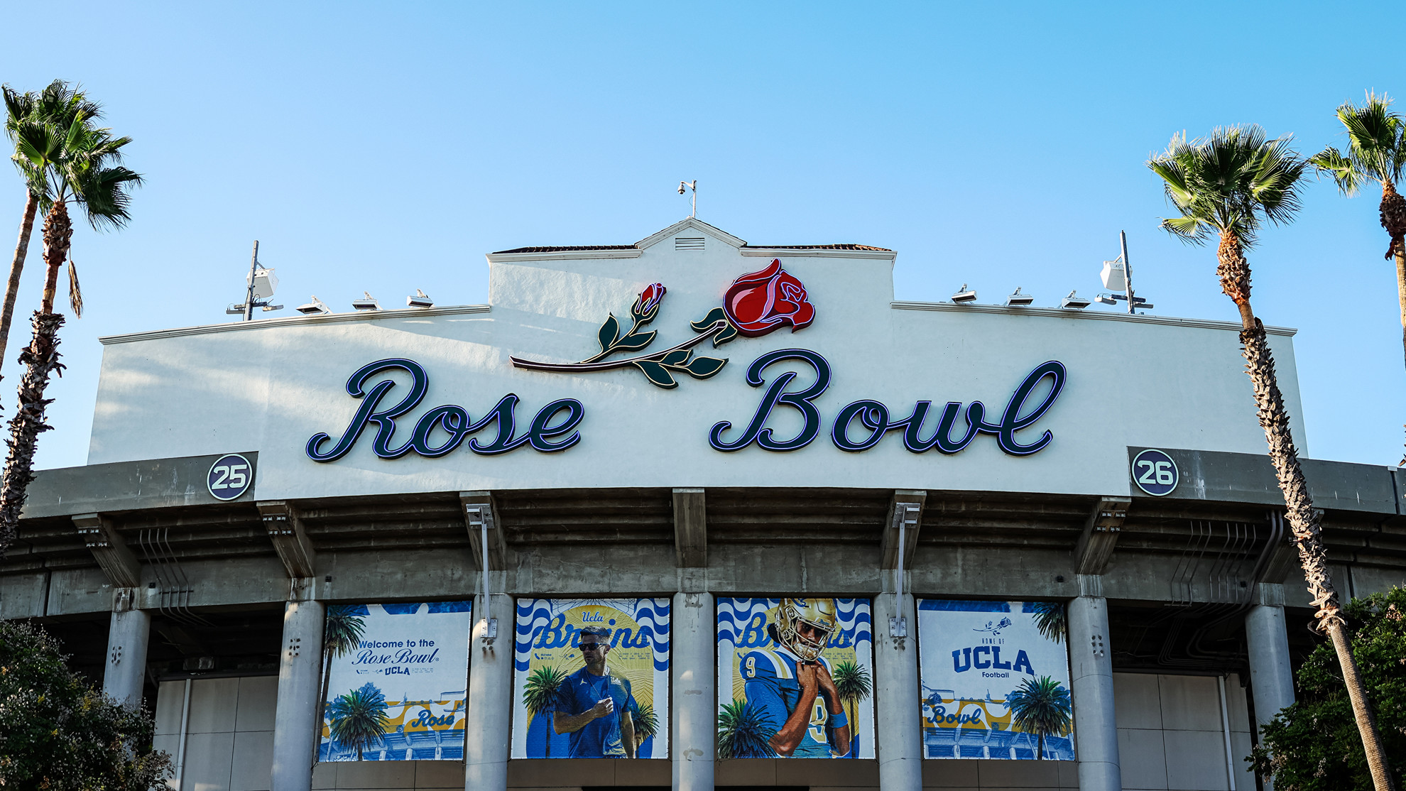 Rose Bowl Stadium facade surrounded by palm trees during the 2026 season