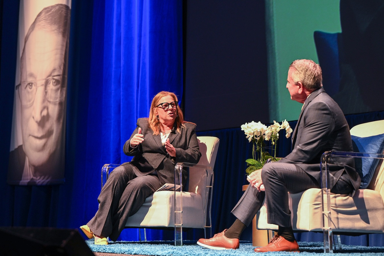 UCLA women’s basketball coach Cori Close discusses leadership, teamwork and the lessons she learned from John Wooden with Brian Cornell, a UCLA alumnus and executive chair of the board of Target Inc., at the 2026 John Wooden Global Leadership Award ceremony.
