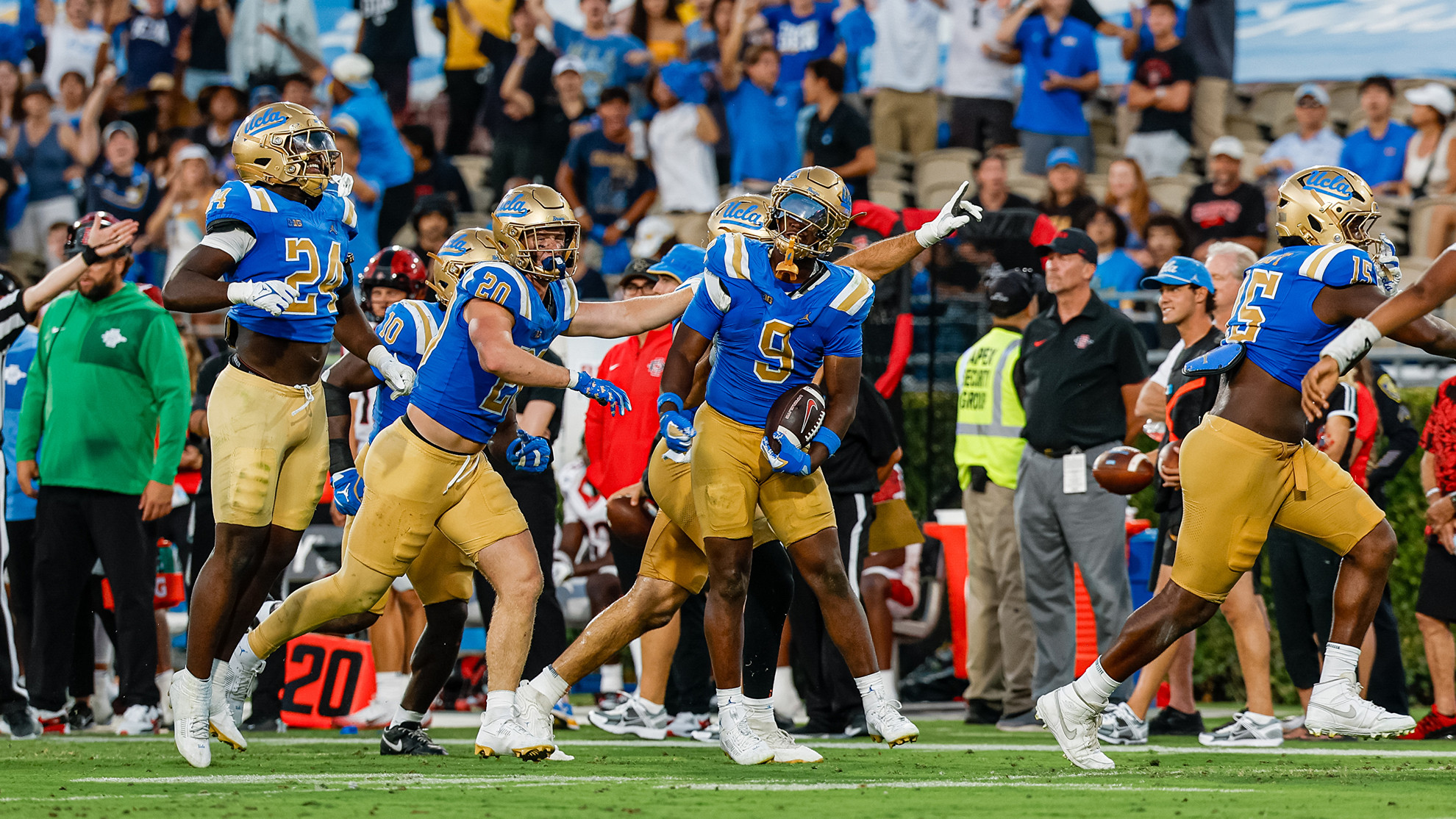 Jalen Woods celebrates his first career interception against San Diego State